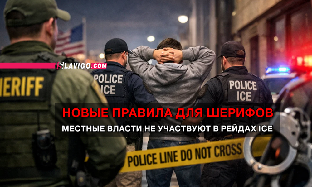 Man with hands behind his head surrounded by officers in vests labeled SHERIFF and POLICE ICE at night, with police tape reading 'POLICE LINE DO NOT CROSS' in the foreground. A red Russian headline overlays the image about new sheriffs rules.