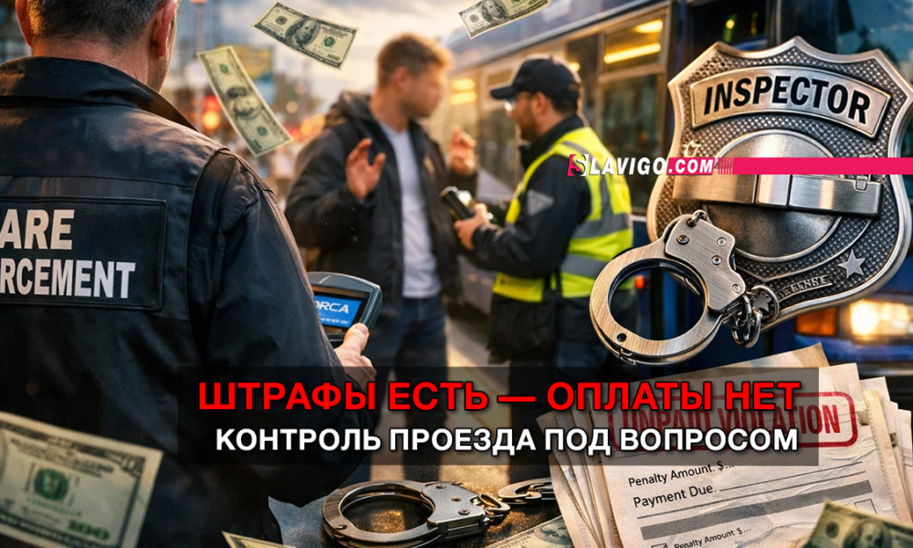 Two enforcement officers at a roadside scene with cash, handcuffs on a table, and an oversized inspector badge; bold red Russian text about fines and toll control.