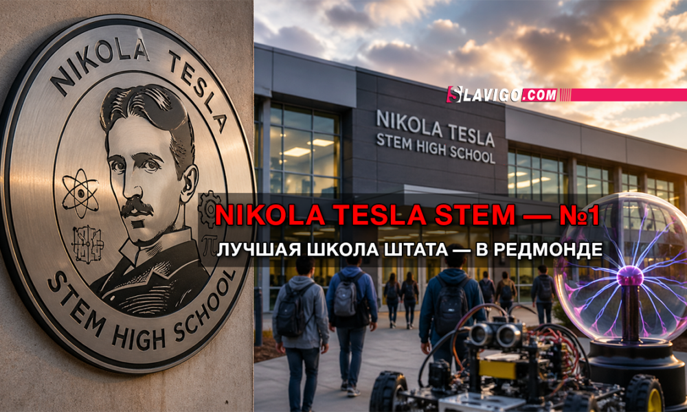 Exterior view of Nikola Tesla STEM High School with a large seal on the left and a science-robot display featuring a Tesla coil on the right; bold banner text promotes the school.