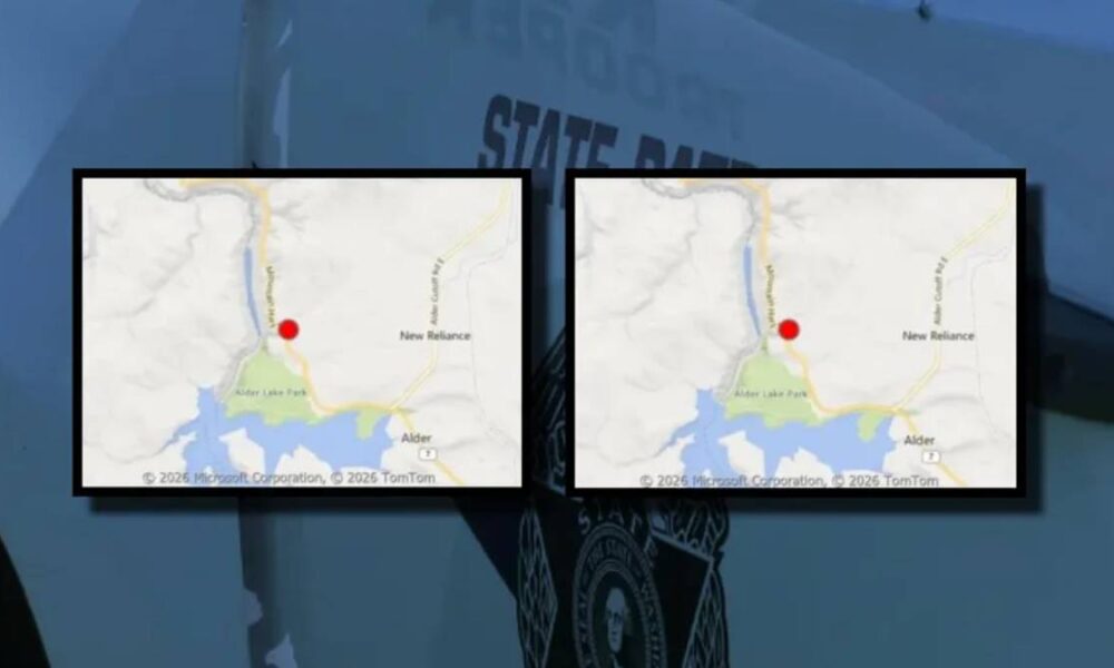 Two small map thumbnails side by side showing a red location pin near Alder Lake Park and New Reliance. Background blurs a police vehicle badge.