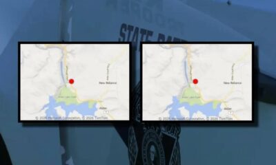 Two small map thumbnails side by side showing a red location pin near Alder Lake Park and New Reliance. Background blurs a police vehicle badge.