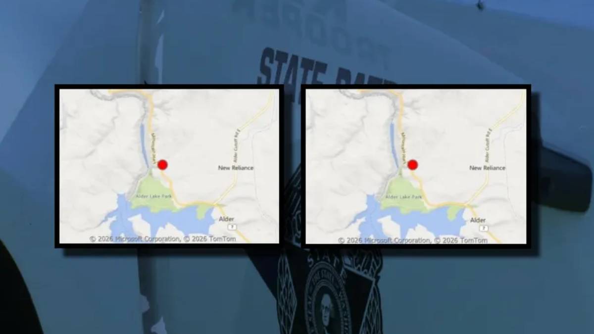 Two small map thumbnails side by side showing a red location pin near Alder Lake Park and New Reliance. Background blurs a police vehicle badge.