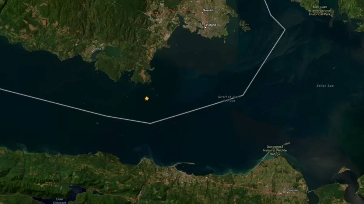 Satellite view of the ocean with a white polygonal route along the coast; a yellow star marks a point offshore.