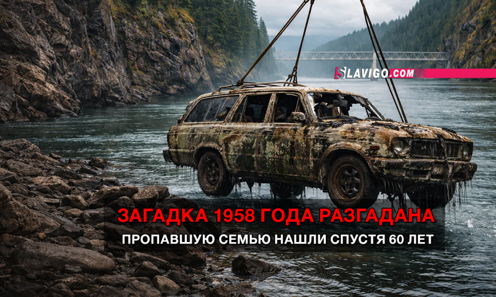 Промокший внедорожник, поднимаемый шлюпами, стоит у каменного берега реки; на изображении красным и белым текст: «Загадка 1958 года разгадана» и «Пропавшую семью нашли спустя 60 лет».