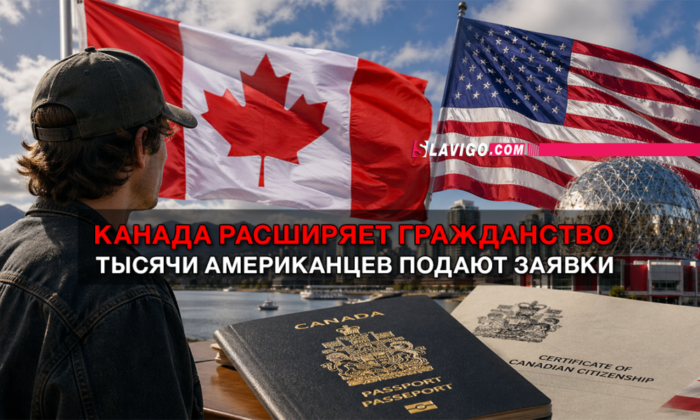 Man facing away from the camera toward Canadian and U.S. flags; Canadian passport and citizenship certificate on the table, with a banner about Canada expanding citizenship.