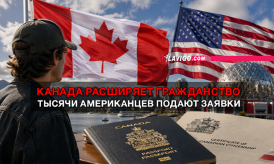 Man facing away from the camera toward Canadian and U.S. flags; Canadian passport and citizenship certificate on the table, with a banner about Canada expanding citizenship.