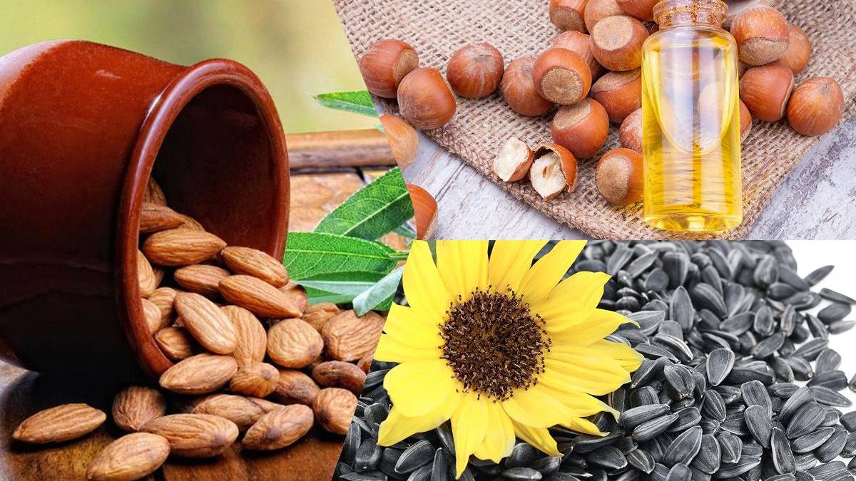Assorted nuts and seeds collage: almonds, hazelnuts, sunflower seeds, and a bottle of oil in the background.