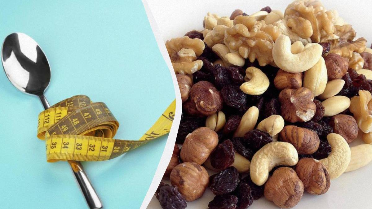 Left: spoon with a yellow measuring tape on a blue background, right: mixed nuts in a bowl, suggesting healthy snacking or dieting.