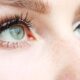 Close-up of a person's blue-green eyes with long black eyelashes and light freckles on the nose and cheek.