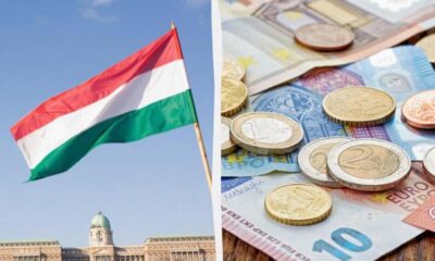 Split image: the Hungarian flag above a government building on the left, and euro coins with banknotes on the right.
