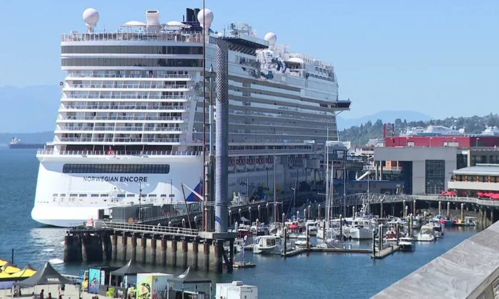 Huge white cruise ship Norwegian Encore docked at a busy harbor, with boats and a marina in the foreground and calm blue water.