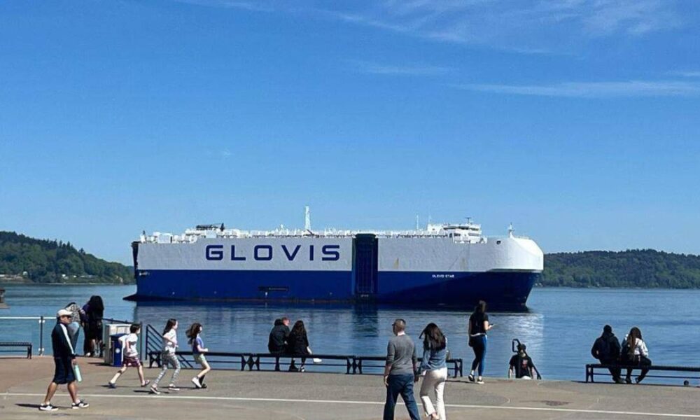 Large blue-and-white cargo ship named GLOVIS on calm water, with people walking along a waterfront promenade in the foreground.