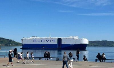 Large blue-and-white cargo ship named GLOVIS on calm water, with people walking along a waterfront promenade in the foreground.