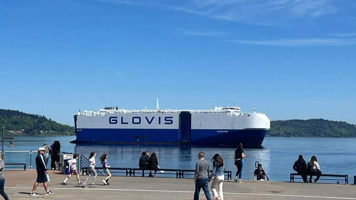 Large blue-and-white cargo ship named GLOVIS on calm water, with people walking along a waterfront promenade in the foreground.