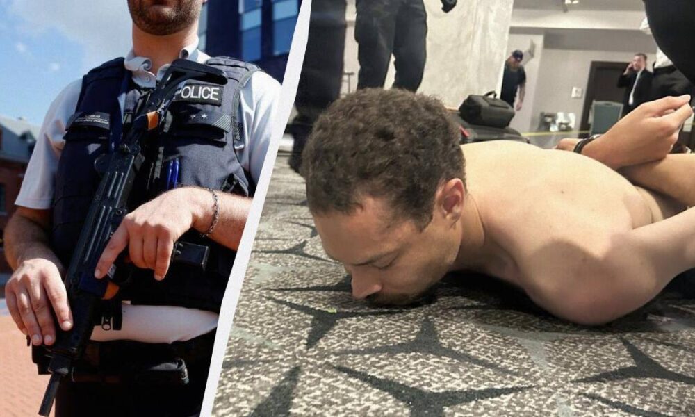 Split image: armed police officer in tactical vest on the left and a shirtless man restrained face-down on a patterned carpet on the right, during an arrest.