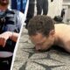Split image: armed police officer in tactical vest on the left and a shirtless man restrained face-down on a patterned carpet on the right, during an arrest.