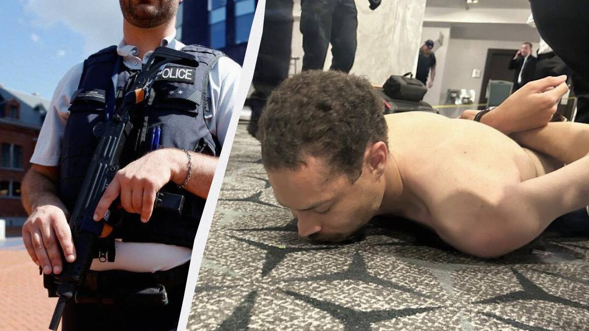 Split image: armed police officer in tactical vest on the left and a shirtless man restrained face-down on a patterned carpet on the right, during an arrest.