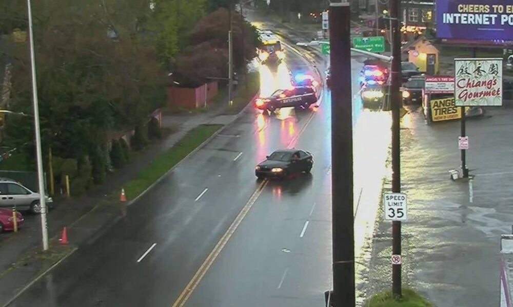 Rain-soaked city street with a black sedan in the center lane and a police car with flashing lights behind, reflections on the wet pavement, storefronts on the right including Chiang's Gourmet.
