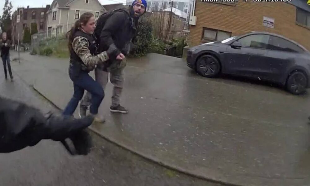 Girl grabs the arm of a man as they walk on a wet residential street; a parked car is nearby, viewed from a dashcam perspective.