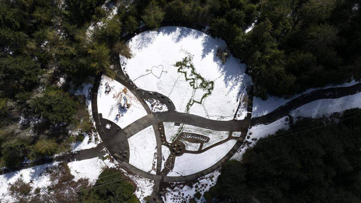 Aerial view of a circular snow-covered park with dark winding paths and surrounding trees.