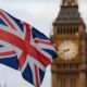 Union Jack flag fluttering in the foreground with the Big Ben clock tower in London in the background