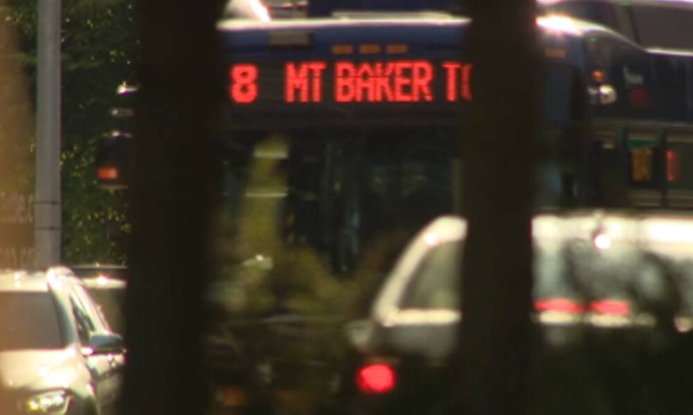 Public bus on a city street, red LED sign reads '8 MT BAKER...' visible through tree trunks in the foreground.