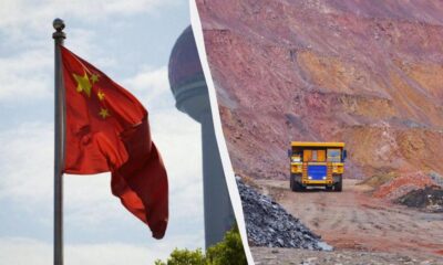 Split image showing a waving Chinese flag on the left and a large mining dump truck at a quarry on the right with colorful rock faces behind it.