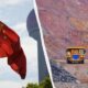 Split image showing a waving Chinese flag on the left and a large mining dump truck at a quarry on the right with colorful rock faces behind it.
