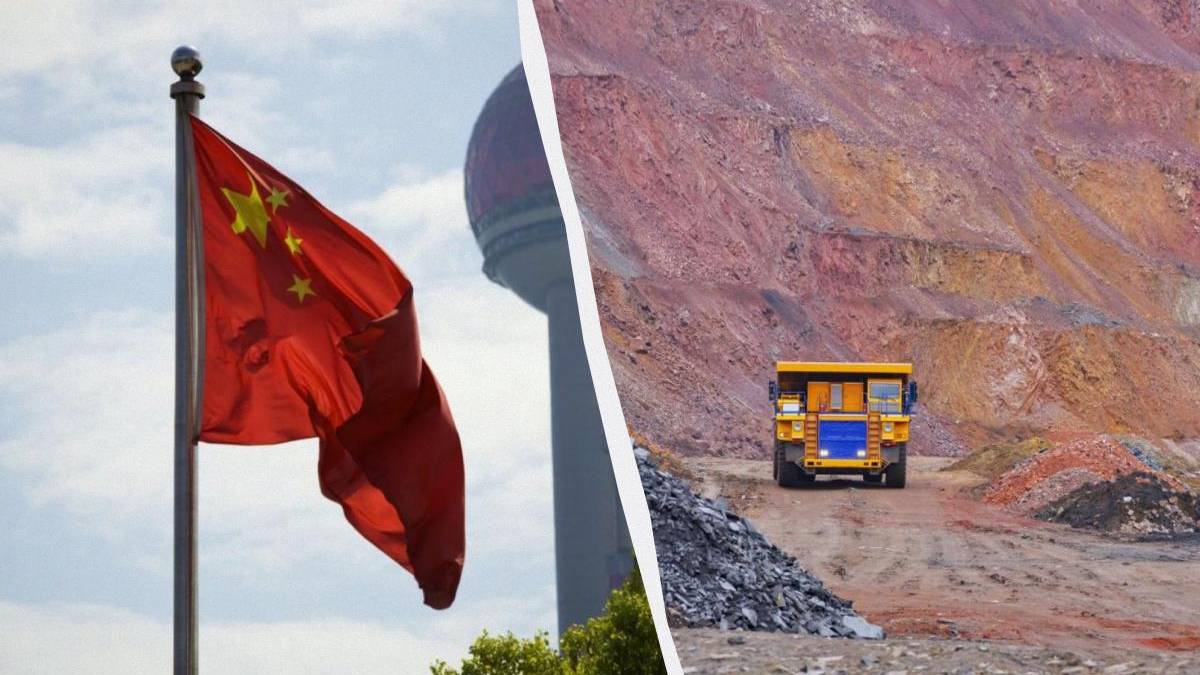 Split image showing a waving Chinese flag on the left and a large mining dump truck at a quarry on the right with colorful rock faces behind it.