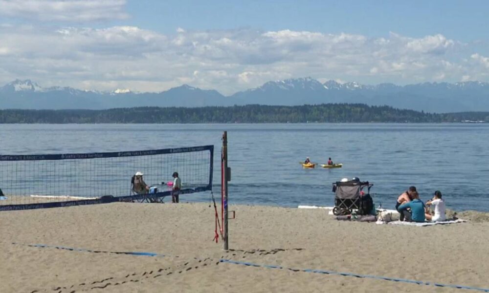Beach volleyball net on a sandy shore with people sitting nearby, calm water and distant mountains under a blue sky.
