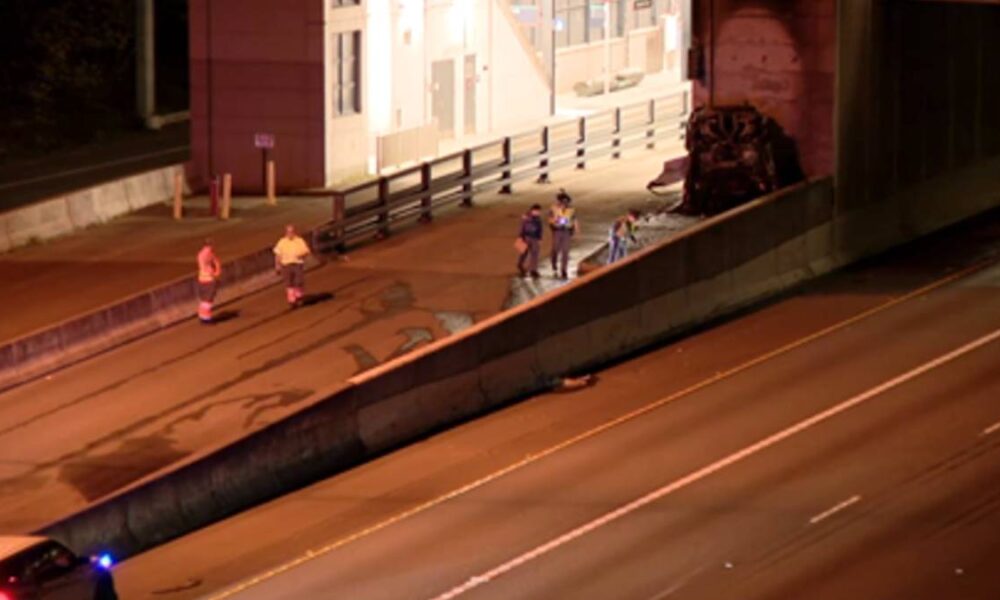 Nighttime street scene under a bridge with a barrier and a small group of people on the sidewalk near an emergency vehicle with blue lights nearby