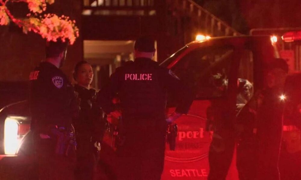 Nighttime street scene with police officers and a patrol SUV with flashing red lights.