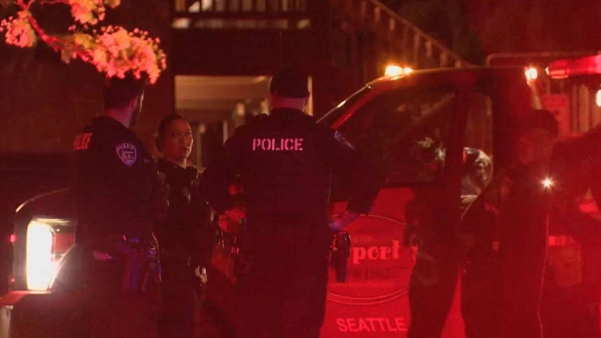 Nighttime street scene with police officers and a patrol SUV with flashing red lights.