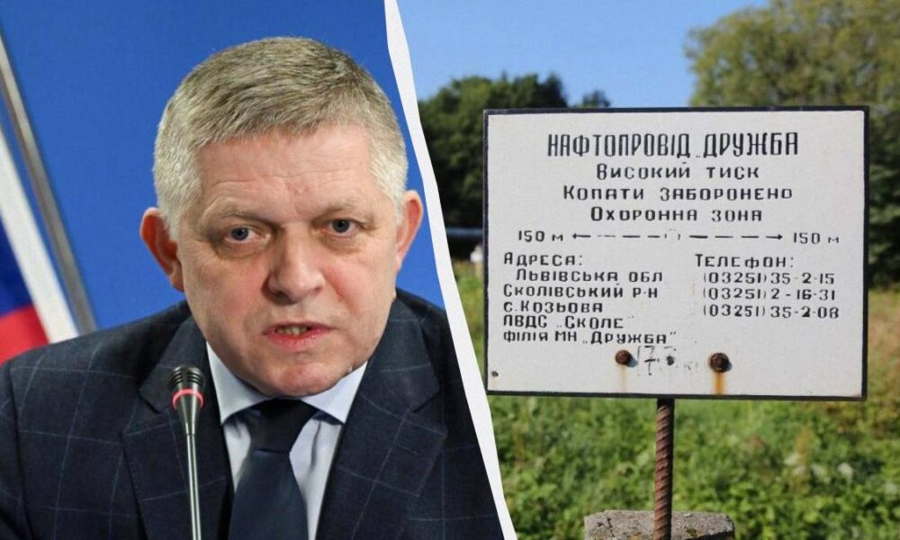 Split image: a man in a suit speaking into a microphone on the left, and a sign with Cyrillic text on a post in a grassy area on the right.