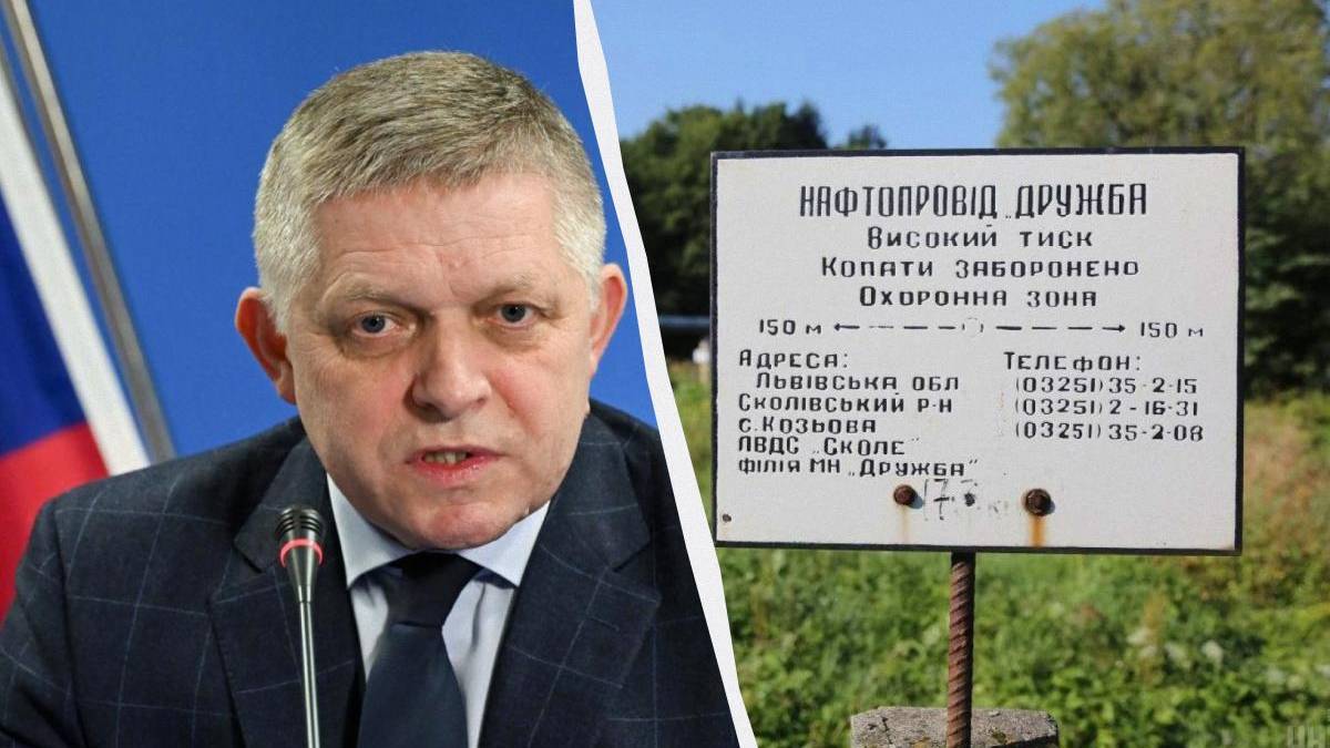 Split image: a man in a suit speaking into a microphone on the left, and a sign with Cyrillic text on a post in a grassy area on the right.