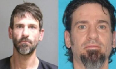 Two mugshots side by side: left man with short brown hair and gray beard; right man with dark hair and goatee against a blue background.