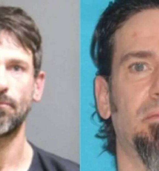 Two mugshots side by side: left man with short brown hair and gray beard; right man with dark hair and goatee against a blue background.
