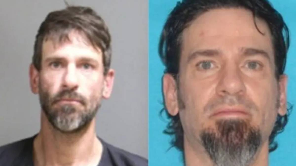 Two mugshots side by side: left man with short brown hair and gray beard; right man with dark hair and goatee against a blue background.