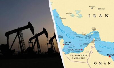 Silhouetted oil pumps at sunset beside a curved map of the Persian Gulf region showing Iran and nearby areas on the right.