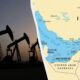 Silhouetted oil pumps at sunset beside a curved map of the Persian Gulf region showing Iran and nearby areas on the right.