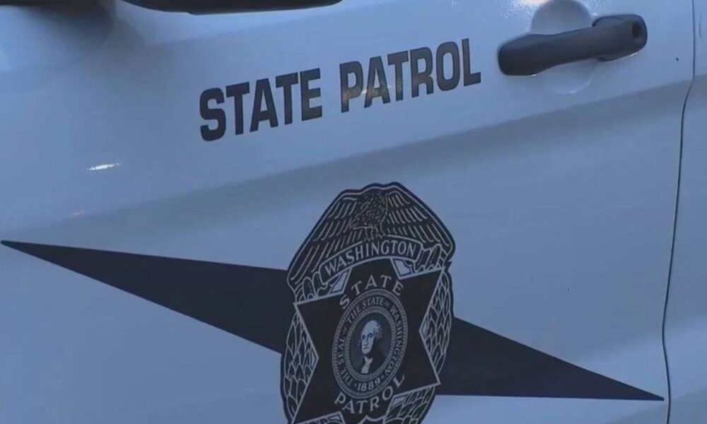 White state patrol vehicle door with 'STATE PATROL' text and the Washington State Patrol badge next to it? on the door emblem