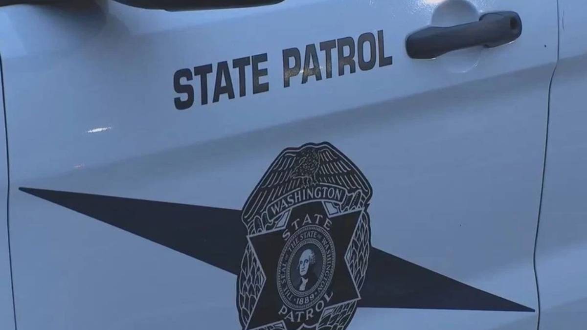 White state patrol vehicle door with 'STATE PATROL' text and the Washington State Patrol badge next to it? on the door emblem