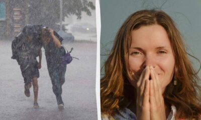 Split image: left side shows two people huddling and walking through heavy rain, leaning on each other for protection; right side shows a smiling woman with hands clasped near her mouth outdoors.