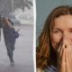 Split image: left side shows two people huddling and walking through heavy rain, leaning on each other for protection; right side shows a smiling woman with hands clasped near her mouth outdoors.