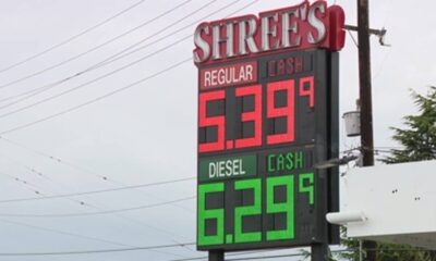 Gas price sign at Shree's showing Regular $5.39 and Diesel $6.29 with cash prices highlighted in red and green.