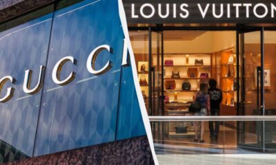 Split image of Gucci and Louis Vuitton storefronts; blue Gucci signage on the left and a Louis Vuitton boutique interior on the right.