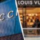 Split image of Gucci and Louis Vuitton storefronts; blue Gucci signage on the left and a Louis Vuitton boutique interior on the right.