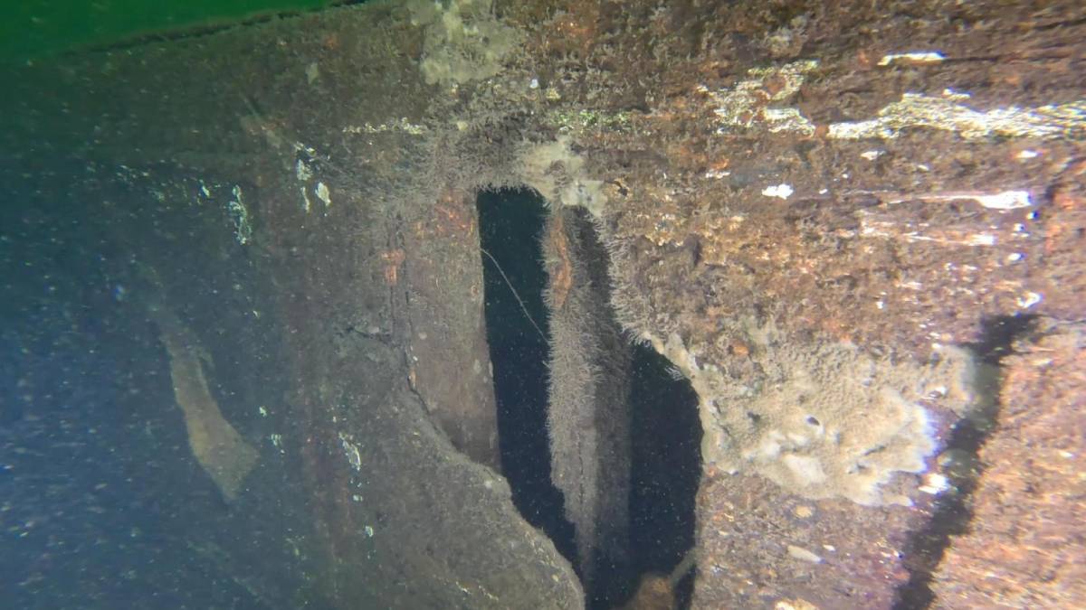 Underwater view of a rusted wreck with a dark vertical opening or passage in the center right side.