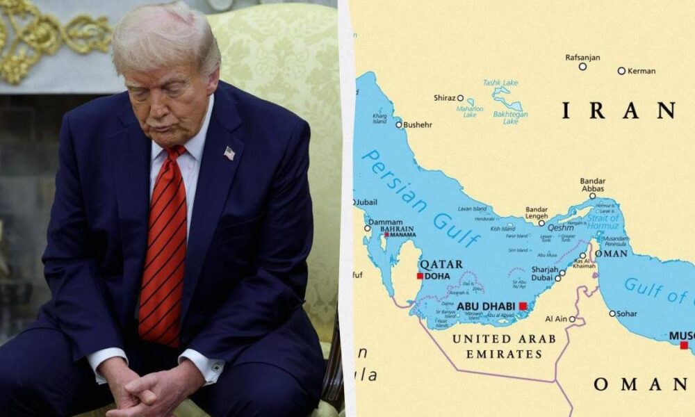 Former U.S. president Donald Trump seated with head bowed, wearing a dark suit and red tie, beside a map labeled Iran and the Persian Gulf on the right.