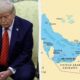 Former U.S. president Donald Trump seated with head bowed, wearing a dark suit and red tie, beside a map labeled Iran and the Persian Gulf on the right.